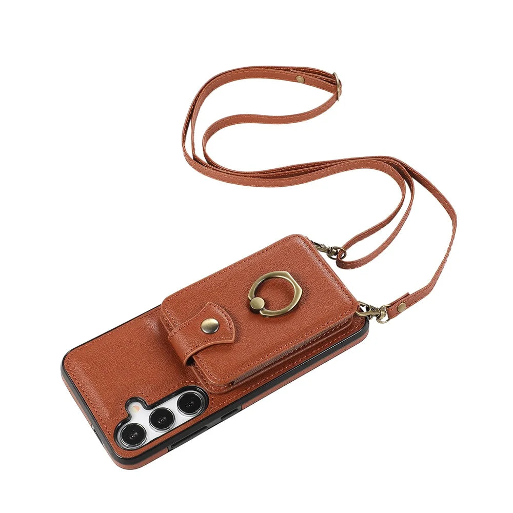 For Samsung Galaxy A37 5G Case Card Holder Ring Kickstand TPU + PU Leather Phone Cover with Long Strap - Brown - 5