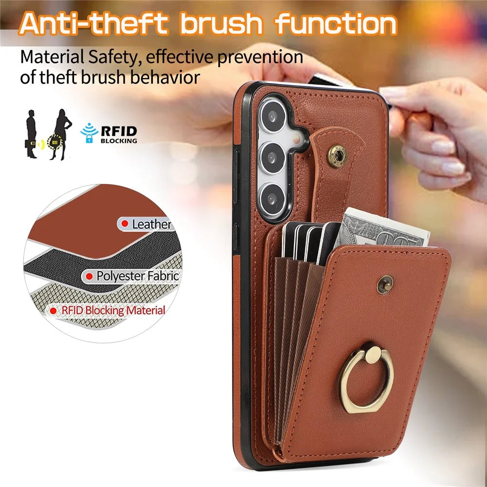For Samsung Galaxy A37 5G Case Card Holder Ring Kickstand TPU + PU Leather Phone Cover with Long Strap - Brown - 6