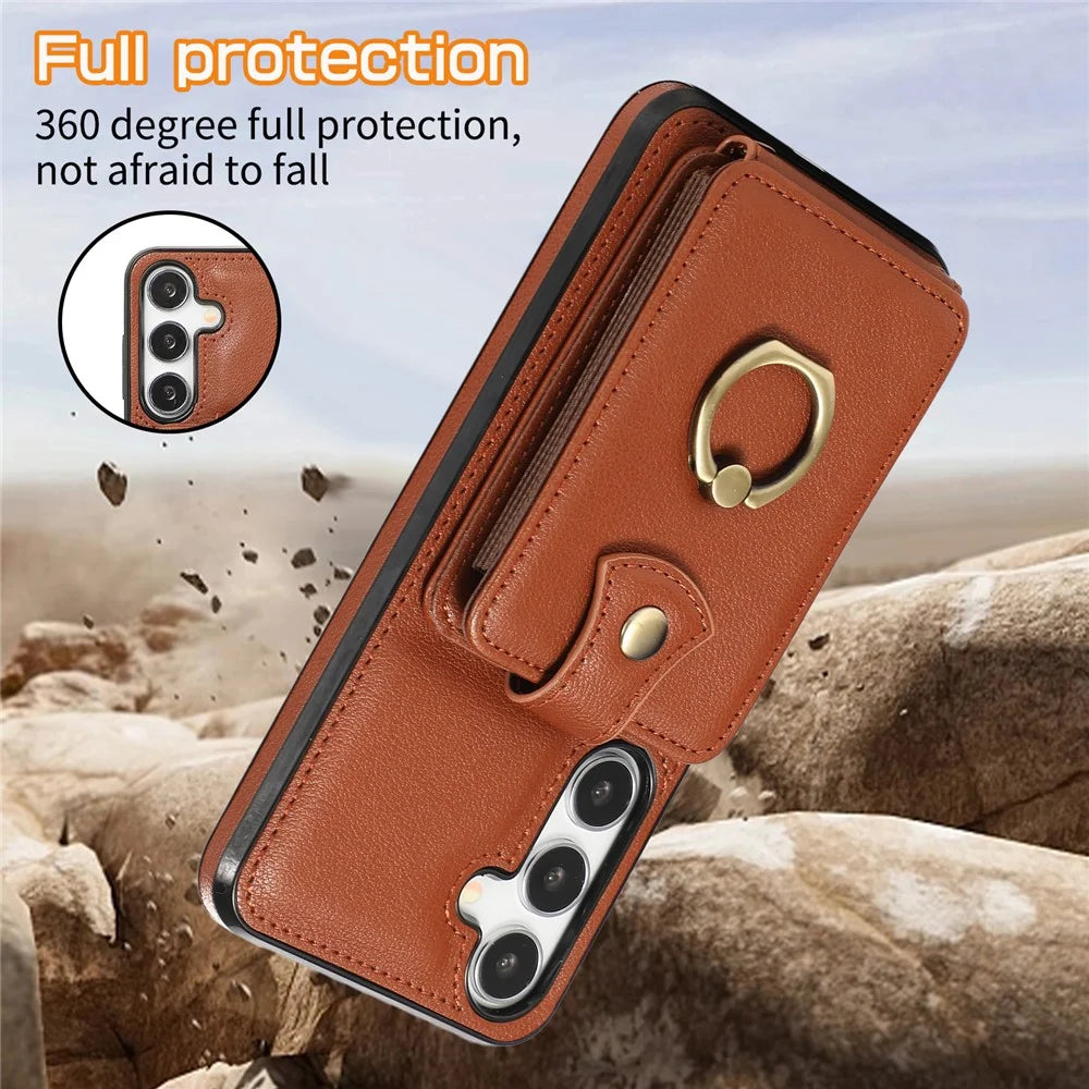 For Samsung Galaxy A37 5G Case Card Holder Ring Kickstand TPU + PU Leather Phone Cover with Long Strap - Brown - 7