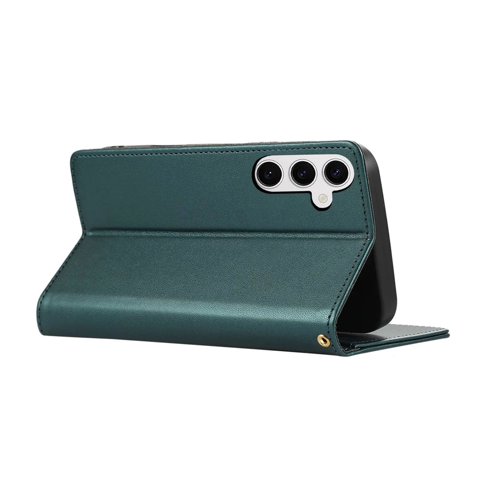 For Samsung Galaxy A37 5G Case RFID Blocking Wallet Stand Rhombus Leather Cover with Wrist Strap - Green - 4
