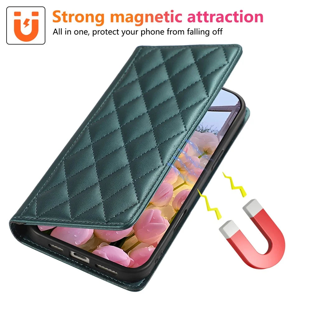 For Samsung Galaxy A37 5G Case RFID Blocking Wallet Stand Rhombus Leather Cover with Wrist Strap - Green - 5