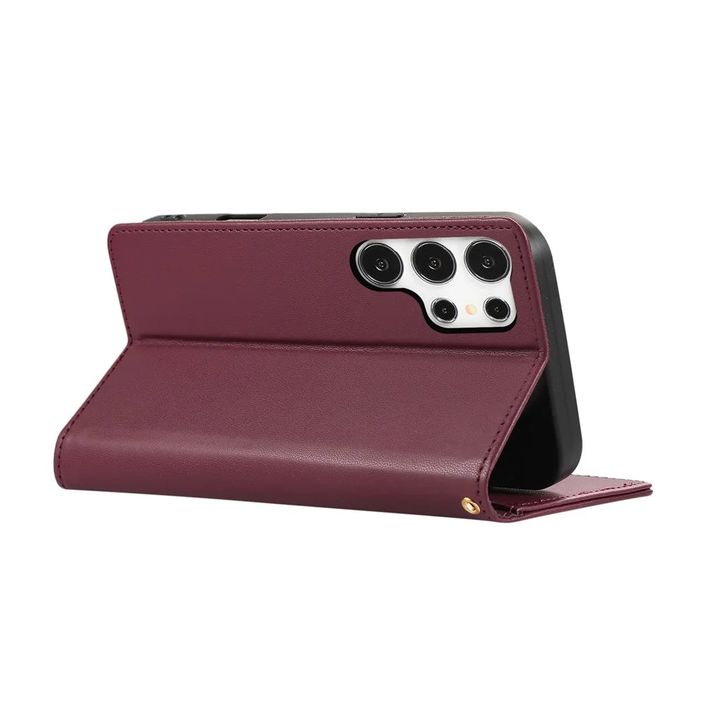 For Samsung Galaxy S26 Ultra Case RFID Blocking Wallet Stand Rhombus Leather Phone Cover with Wrist Strap - Red - 4