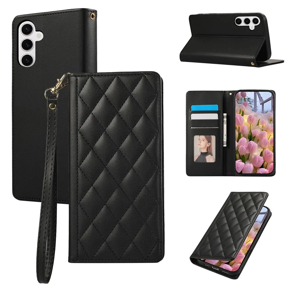 For Samsung Galaxy S26 Case RFID Blocking Wallet Stand Rhombus Leather Cover with Wrist Strap - Black - 1