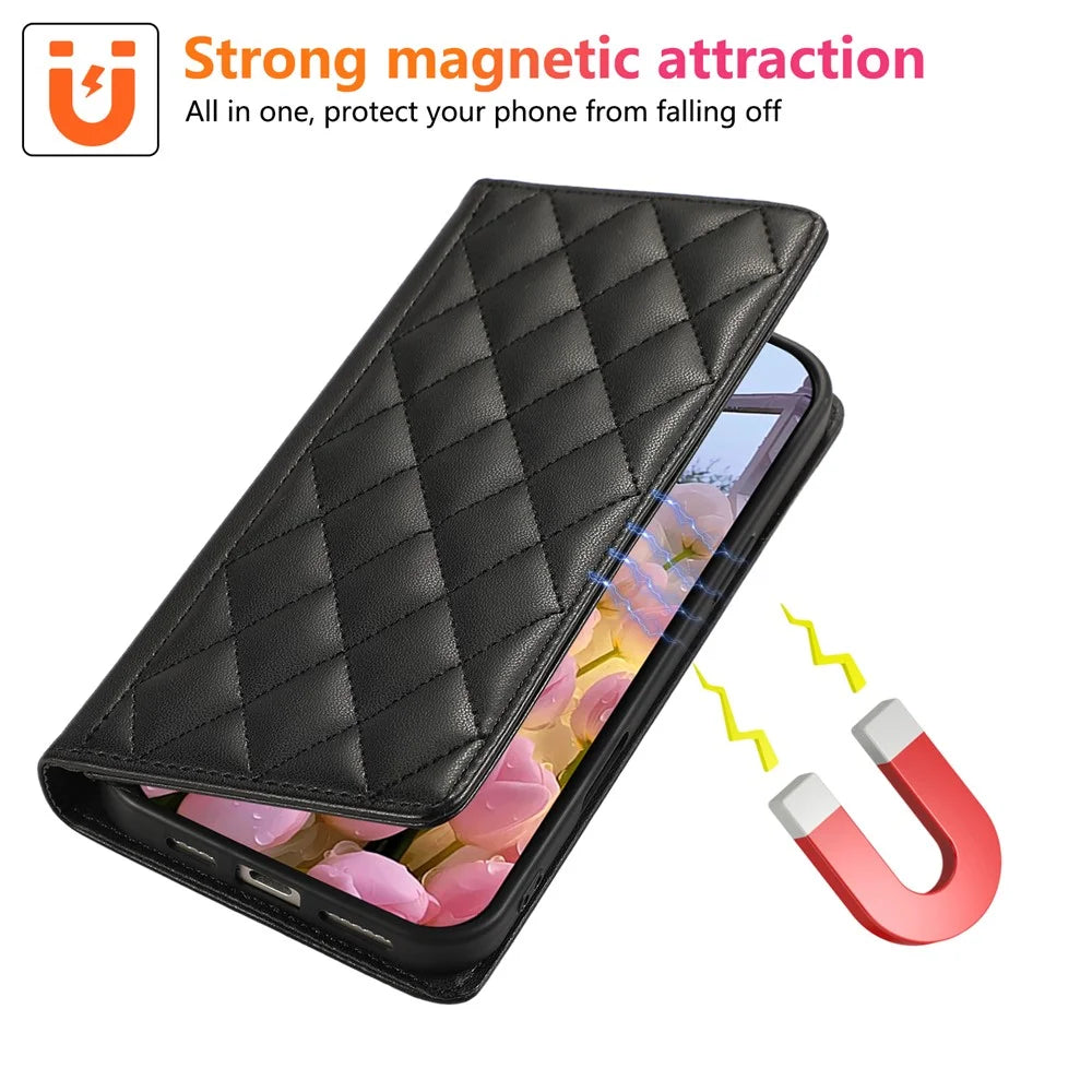 For Samsung Galaxy S26 Case RFID Blocking Wallet Stand Rhombus Leather Cover with Wrist Strap - Black - 5