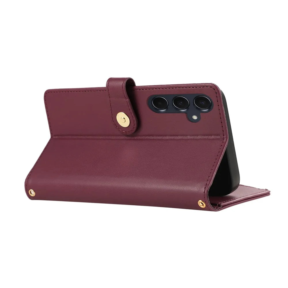 For Samsung Galaxy S26 Case Multi Card Slots Zipper Rhombus Leather Phone Cover with Wrist Strap - Wine Red - 2