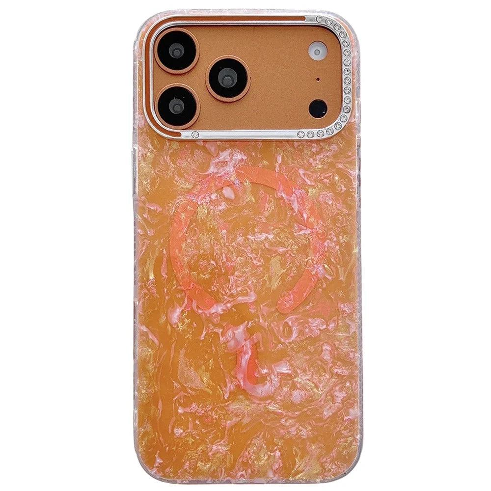 For iPhone  18 Pro / 17  Pro Case Compatible with MagSafe Rhinestone Lens Frame Shell Texture TPU + PC Phone Cover - Orange - 1