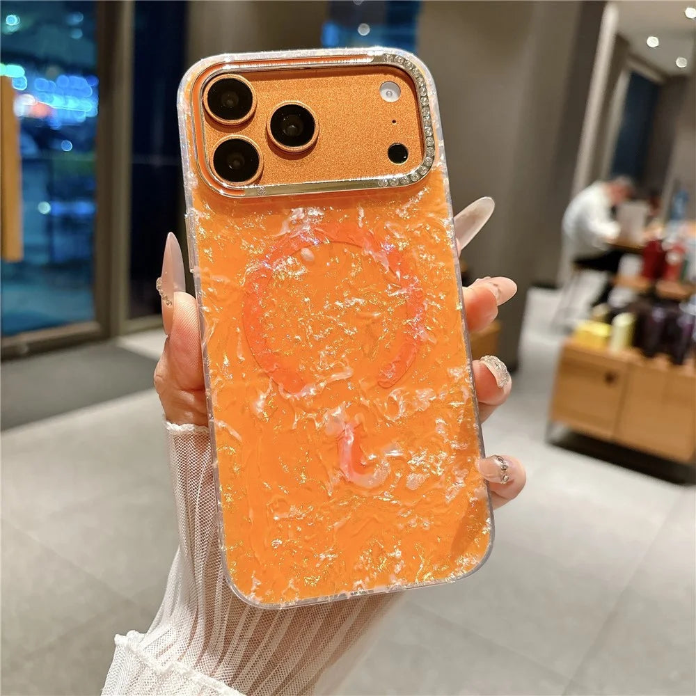 For iPhone 17 Pro Max Case Compatible with MagSafe Rhinestone Lens Frame Shell Texture TPU + PC Phone Cover - Orange - 2