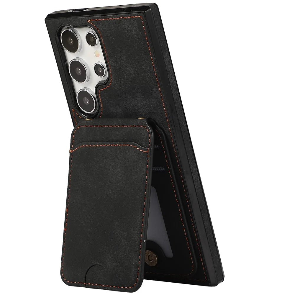 For Samsung Galaxy S26 Ultra Case Card Holder Kickstand Leather + TPU Phone Cover with Shoulder Strap - Black - 2