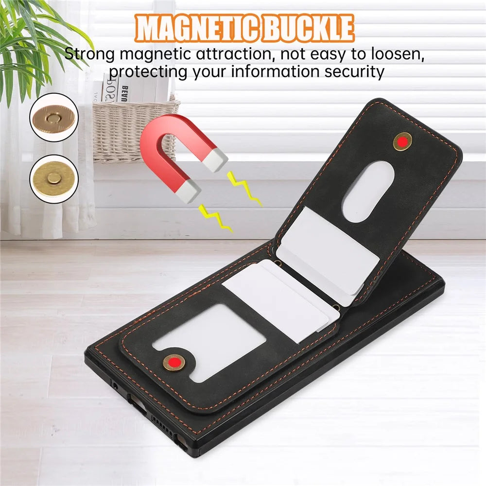 For Samsung Galaxy S26 Ultra Case Card Holder Kickstand Leather + TPU Phone Cover with Shoulder Strap - Black - 6