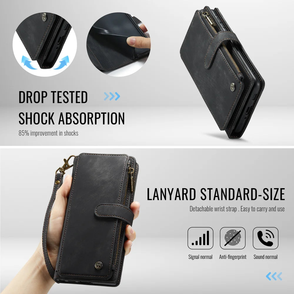 CASEME For Samsung Galaxy A57 5G Phone Cases with Strap  C30 Zipper Multiple Card Holder PU Leather Cover - Black - 6