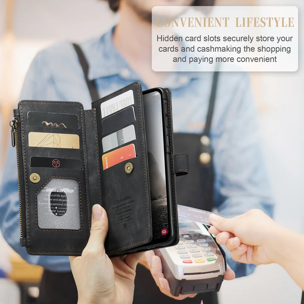 CASEME For Samsung Galaxy A57 5G Phone Cases with Strap  C30 Zipper Multiple Card Holder PU Leather Cover - Black - 7