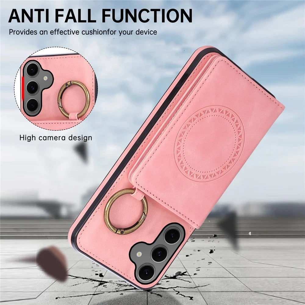 For Samsung Galaxy A57 5G Case Card Holder Kickstand Leather + TPU Phone Cover with Ring Holder - Rose Gold - 6