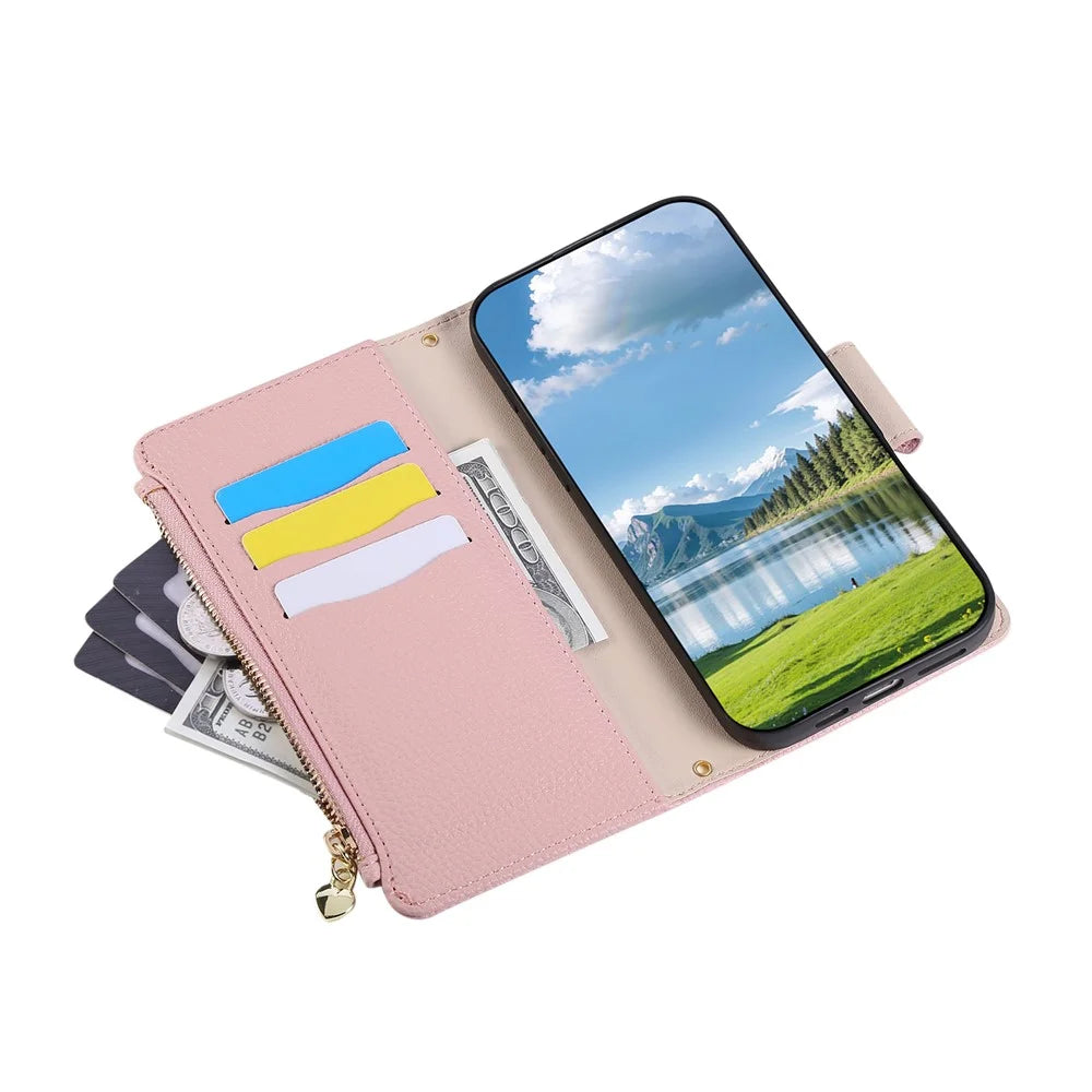 For Samsung Galaxy S26+ Case Zipper Wallet Leather Phone Cover with Wrist Strap - Pink - 2