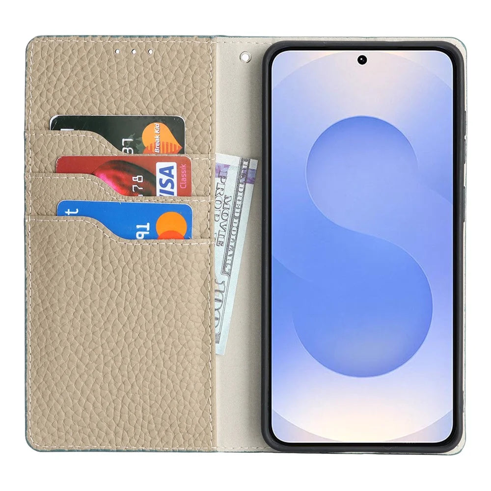 For Samsung Galaxy S26 Wallet Case Genuine Cow Leather Phone Cover Litchi Texture - Sky Blue - 2