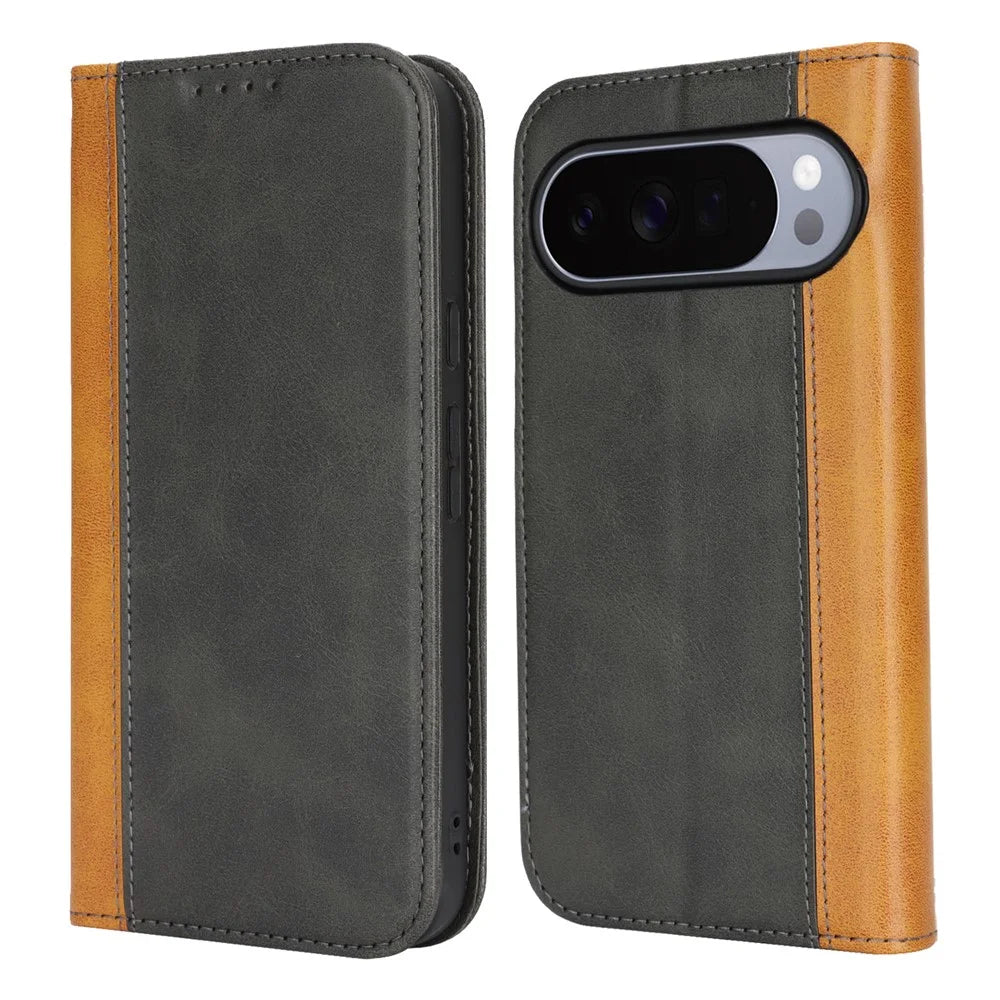 Phone Case For Google Pixel 10  /  10 Pro Calf Texture 3 Card Slots Color Splicing Leather Phone Cover - Black+Yellow - 1