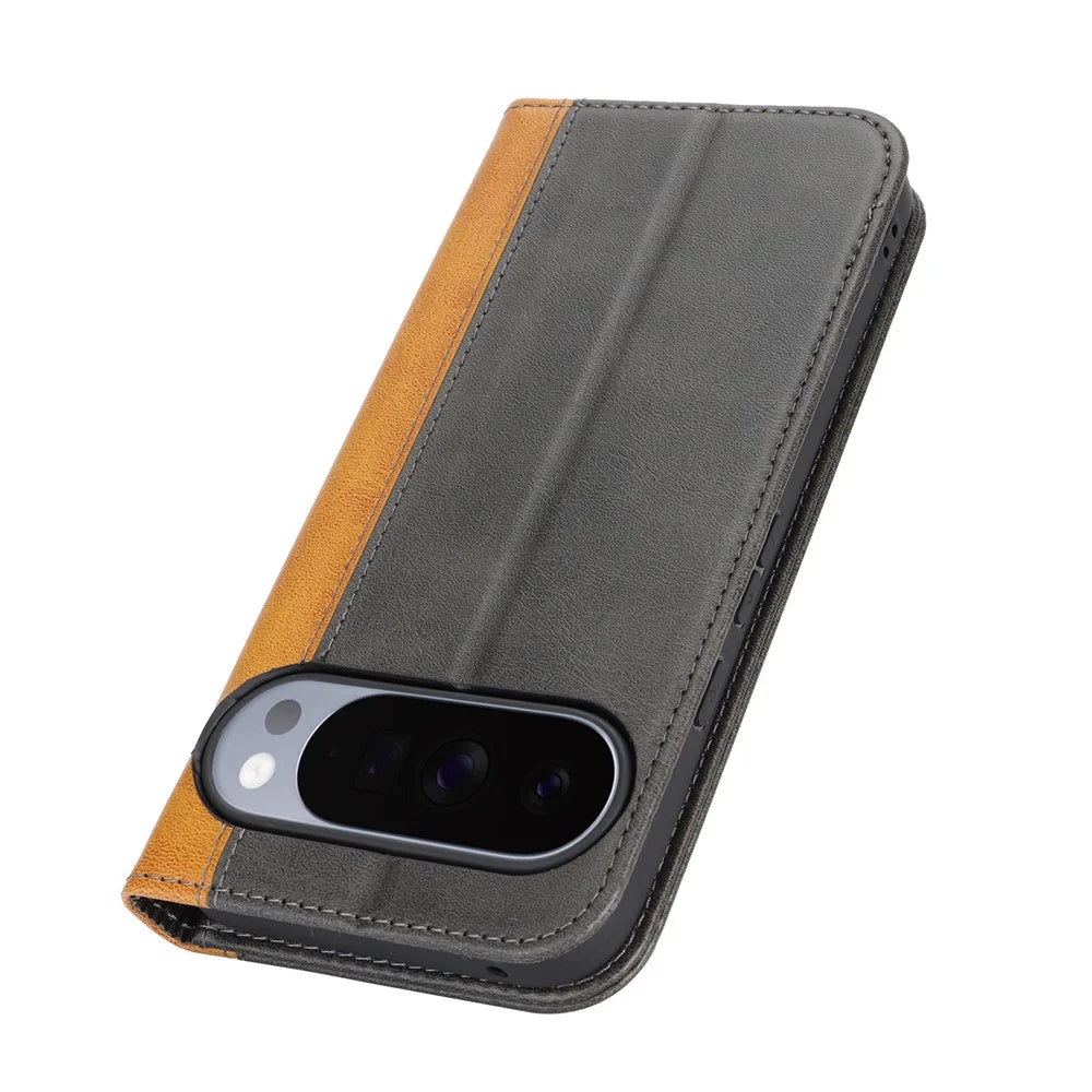 Phone Case For Google Pixel 10  /  10 Pro Calf Texture 3 Card Slots Color Splicing Leather Phone Cover - Black+Yellow - 5