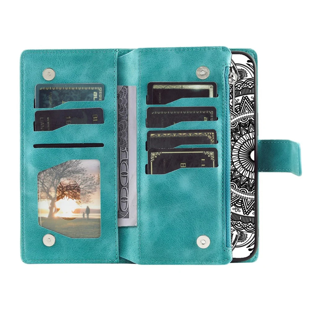 For Samsung Galaxy S21 Ultra 5G Protective Cover Mandala Flower Imprinted PU Leather Case Magnetic Clasp Multi Card Slot Anti-Drop Cover with Zippered Wallet / Strap - Green - 2