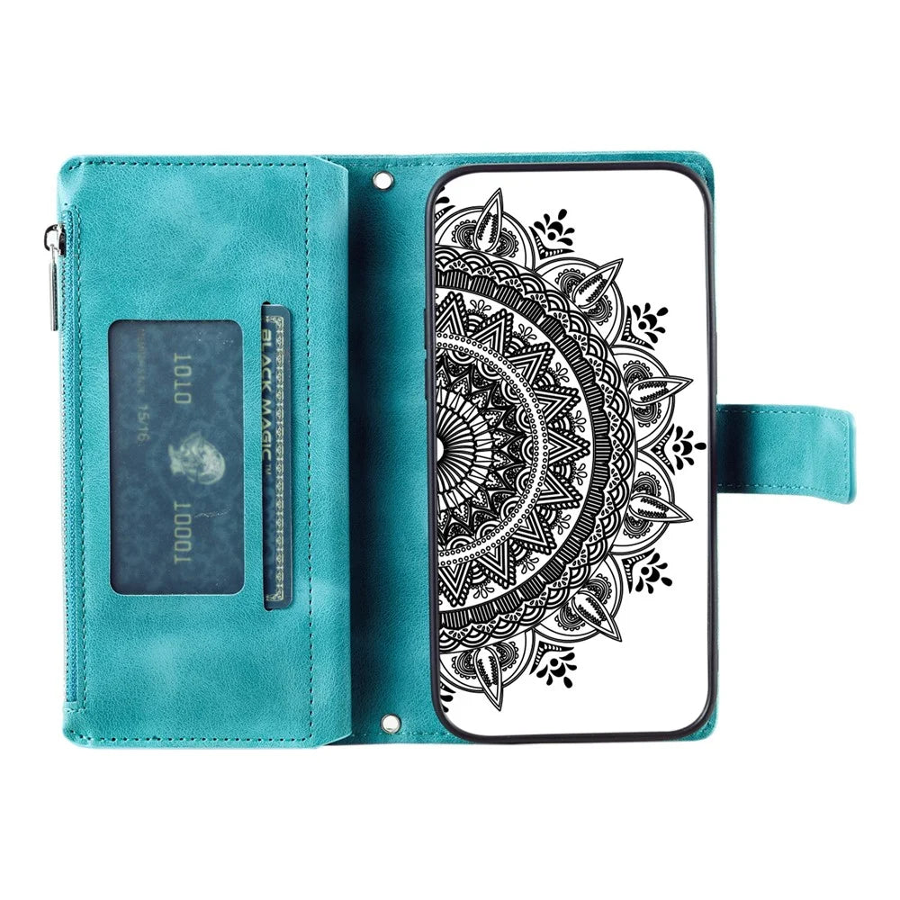 For Samsung Galaxy S21 Ultra 5G Protective Cover Mandala Flower Imprinted PU Leather Case Magnetic Clasp Multi Card Slot Anti-Drop Cover with Zippered Wallet / Strap - Green - 3