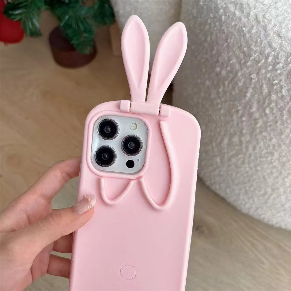 For iPhone 17 Pro Silicone Case with Cute 3D Rabbit Ears Camera Kickstand Phone Back Cover - Pink - 2