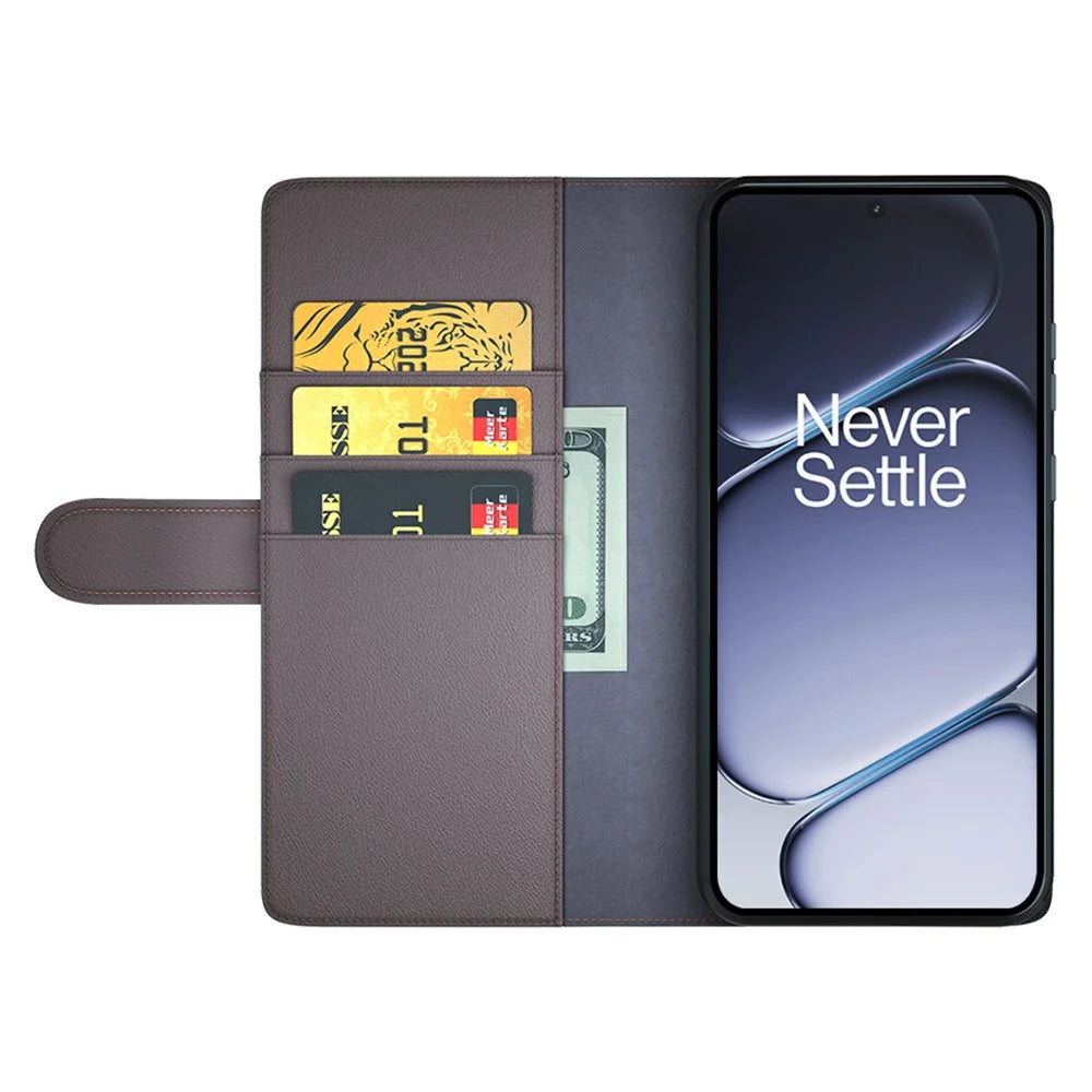 AMORUS For OnePlus Ace 6 5G Stand Cases Calf Texture Genuine Split Leather Wallet Phone Cover - Brown - 2