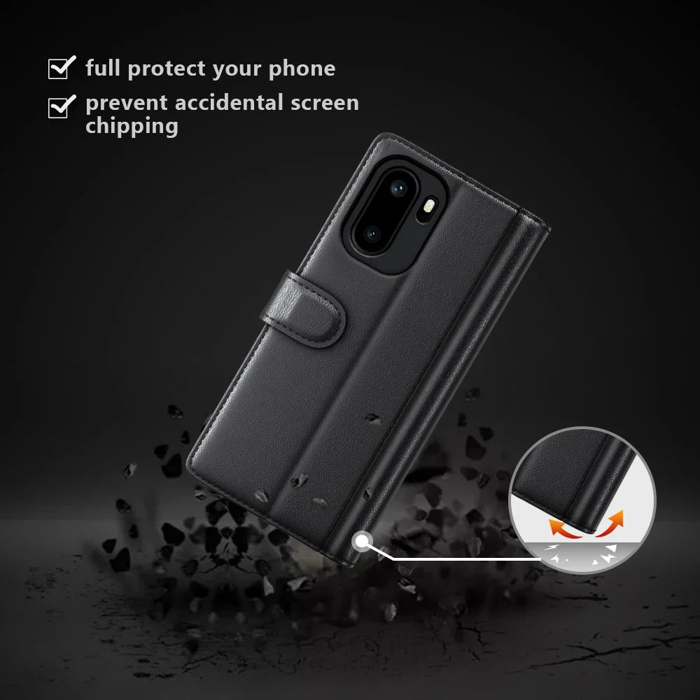 AMORUS For OnePlus Ace 6 5G Stand Cases Calf Texture Genuine Split Leather Wallet Phone Cover - Brown - 6