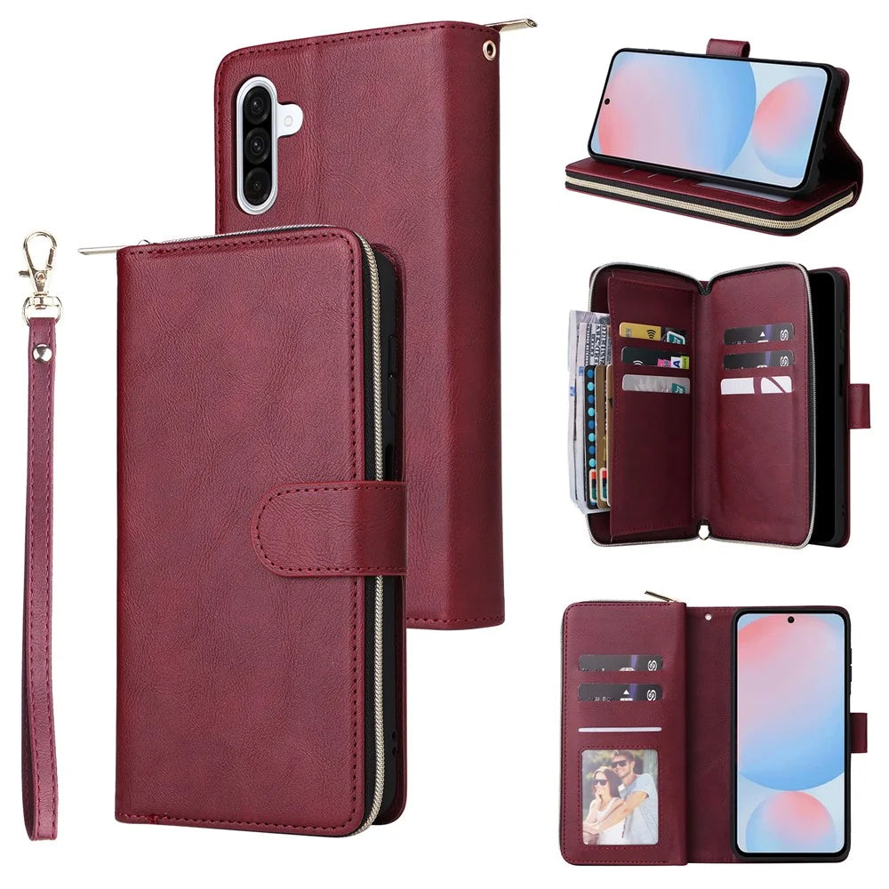 For Samsung Galaxy A36 5G Case Zipper Pocket 9 Card Slots PU Leather Phone Cover with Hand Strap - Wine Red - 1