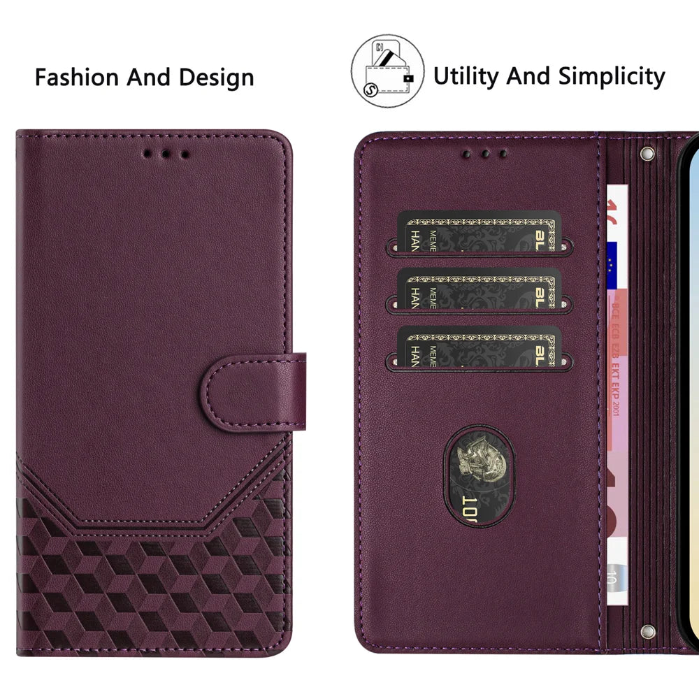 For Samsung Galaxy A37 5G / A36 5G / A56 5G Case Imprinted Honeycomb RFID Blocking Leather Phone Cover with Strap - Dark Purple - 4