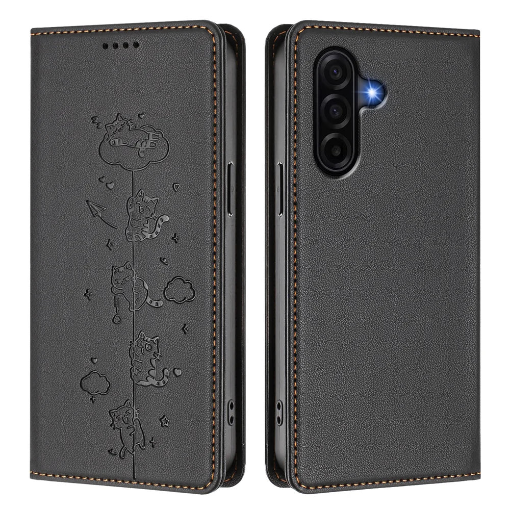 For Samsung Galaxy A57 5G Case RFID Blocking Wallet Stand Imprinted Cat Pattern Leather Phone Cover - Black - 1