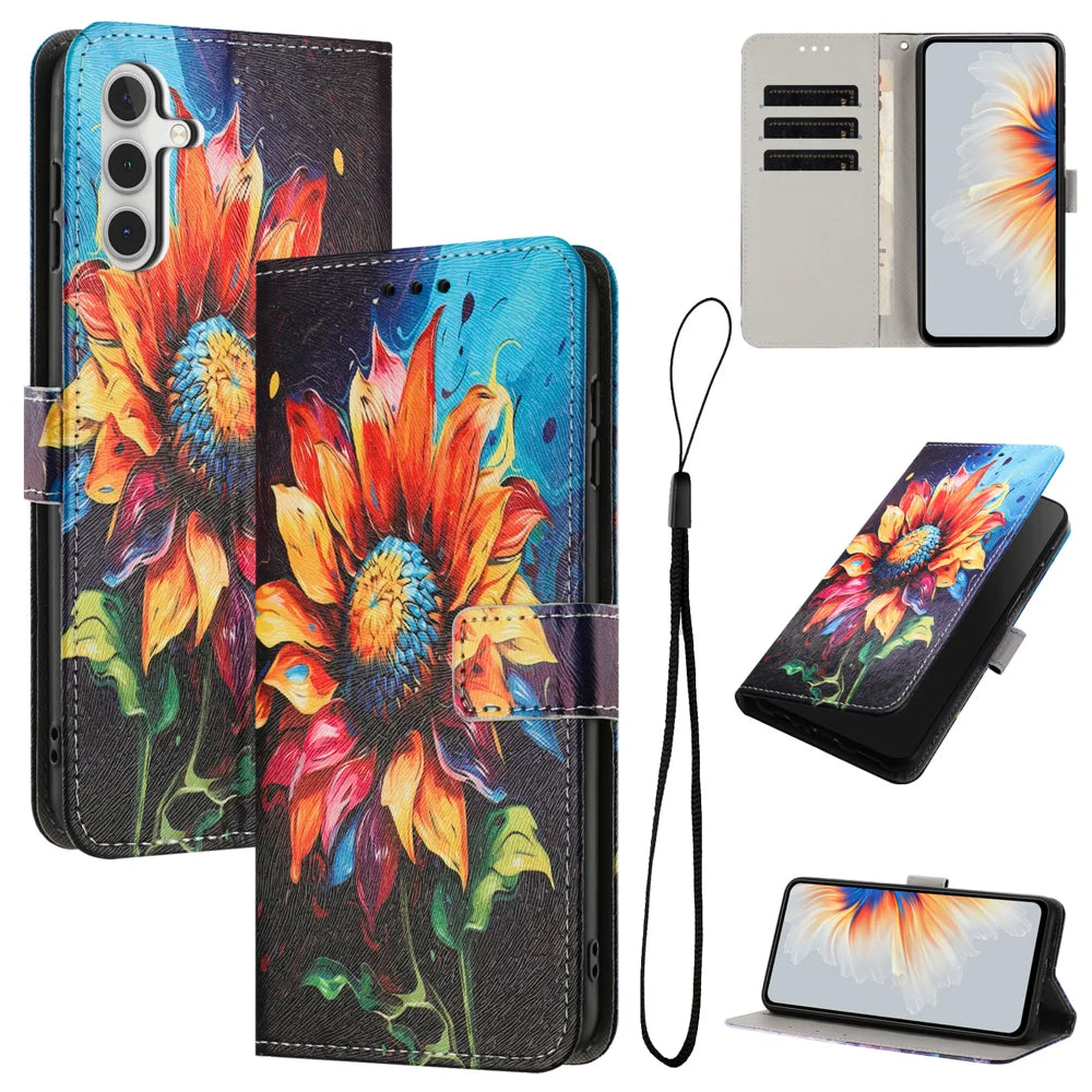 For Samsung Galaxy A37 5G Wallet Case Pattern Printing PU Leather Phone Cover with Lanyard - Sunflower - 2
