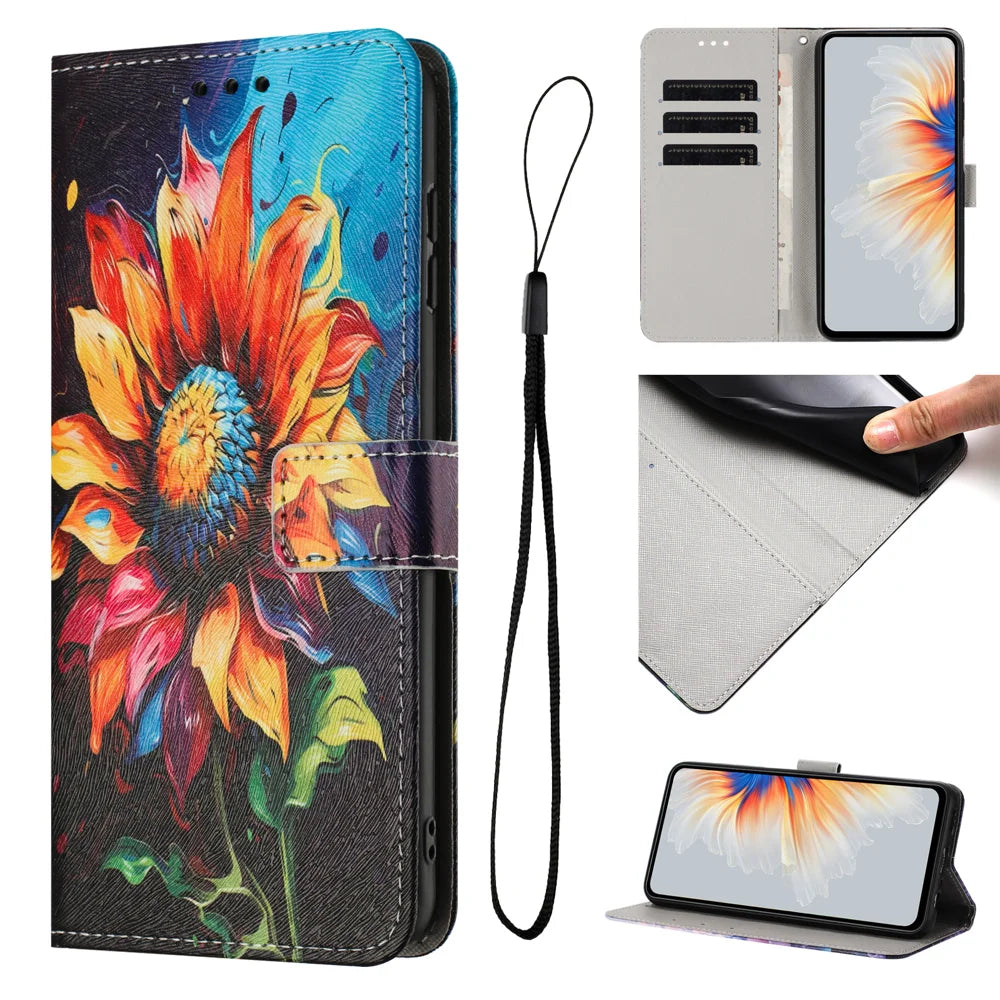 For Samsung Galaxy A37 5G Wallet Case Pattern Printing PU Leather Phone Cover with Lanyard - Sunflower - 3