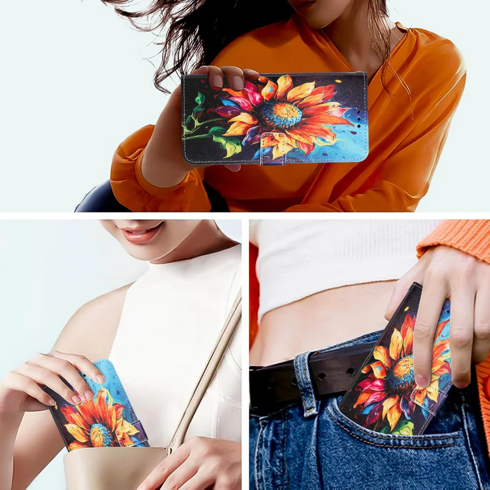 For Samsung Galaxy A37 5G Wallet Case Pattern Printing PU Leather Phone Cover with Lanyard - Sunflower - 7