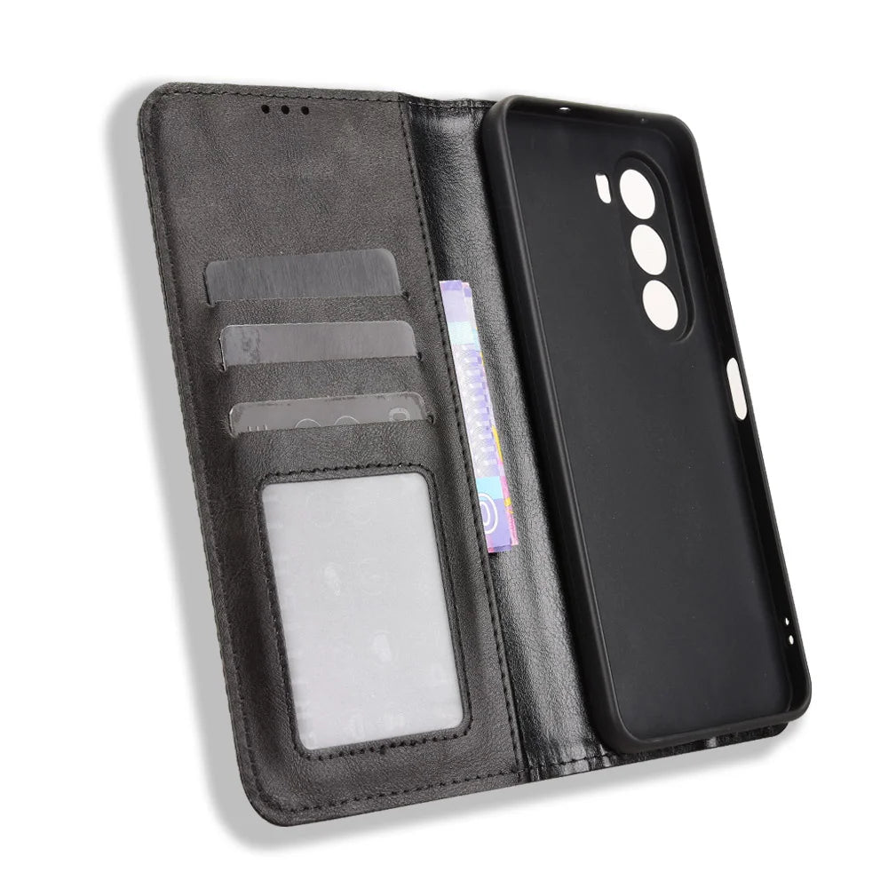 For Realme P4x 5G Leather Case Wallet Stand Retro Texture Phone Cover - Black - 5