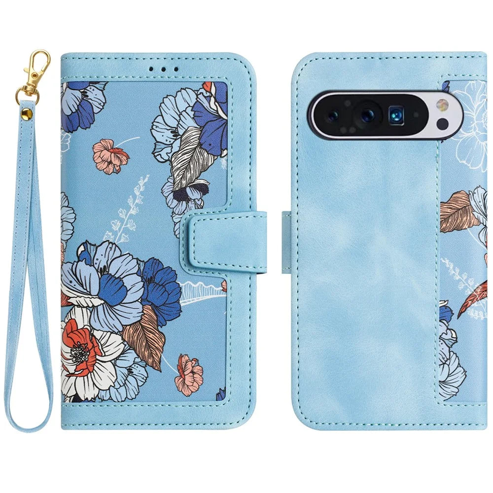For Google Pixel 10 Pro XL Case PU Leather Floral Phone Cover with Card Slots - Baby Blue - 1