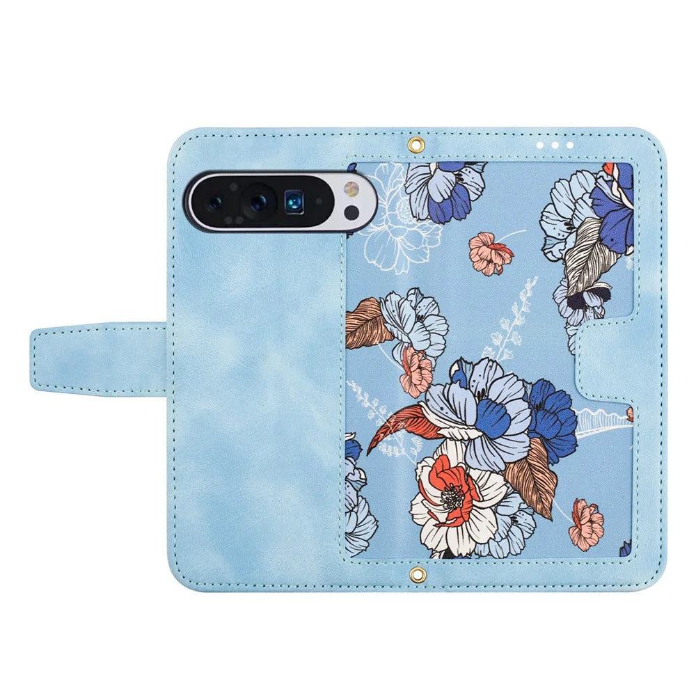 For Google Pixel 10 Pro XL Case PU Leather Floral Phone Cover with Card Slots - Baby Blue - 5