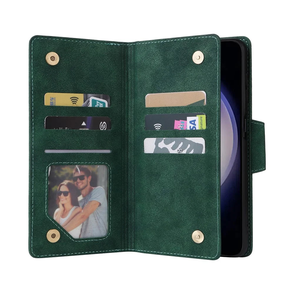 For Samsung Galaxy S26 Case Zipper Wallet Rivet Decor Leather Phone Cover with Wrist Strap - Green - 2