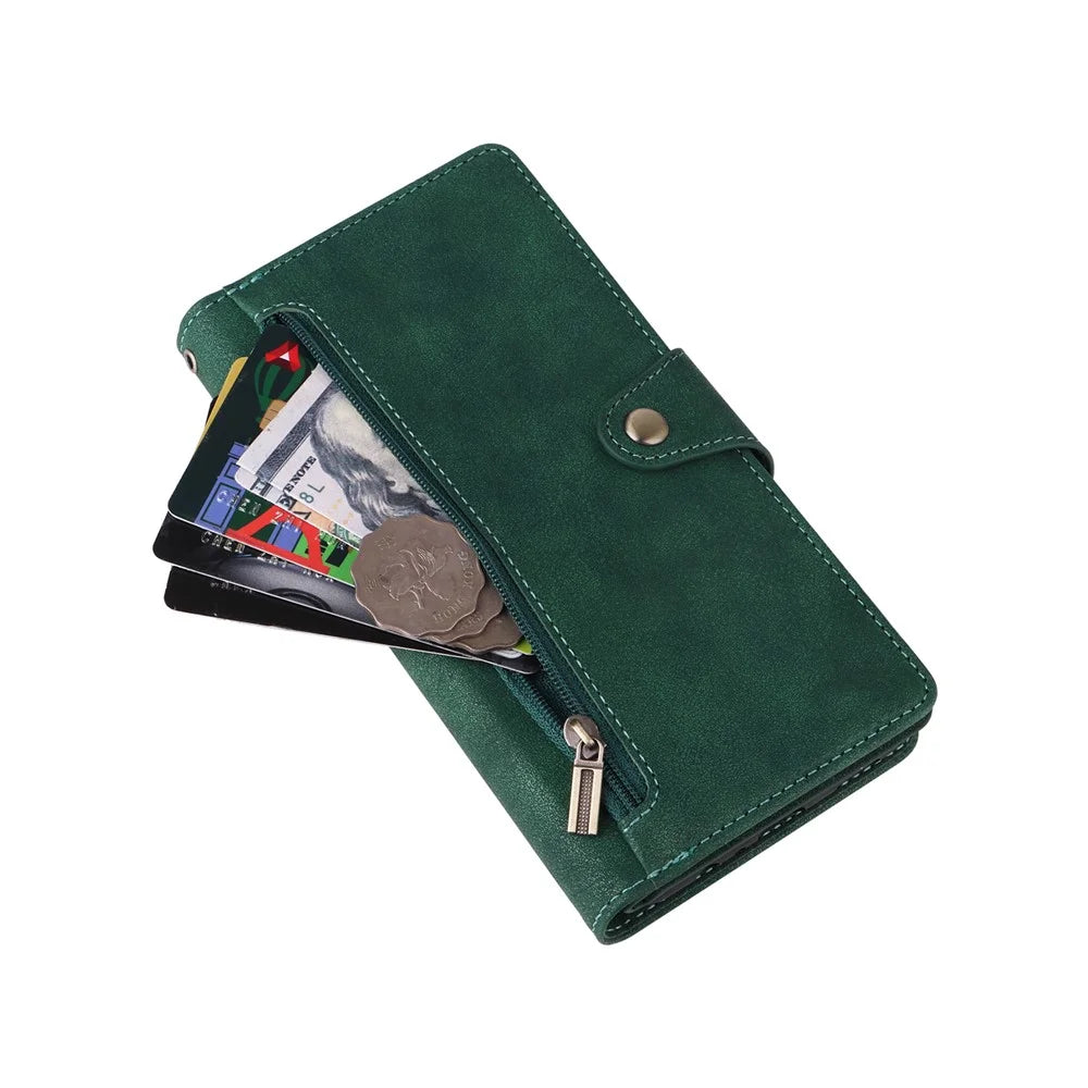 For Samsung Galaxy S26 Case Zipper Wallet Rivet Decor Leather Phone Cover with Wrist Strap - Green - 5