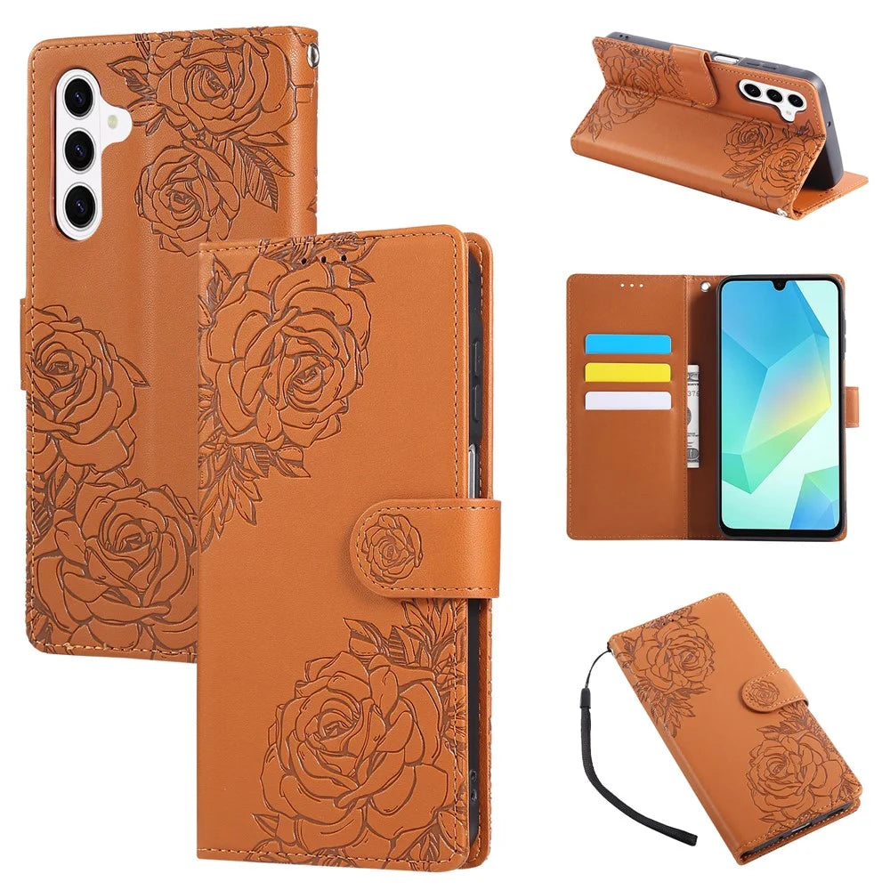 For Samsung Galaxy S26+ Leather Case Rose Flower Wallet Phone Cover with 3 Card Slots  /  Wrist Strap - Brown - 1