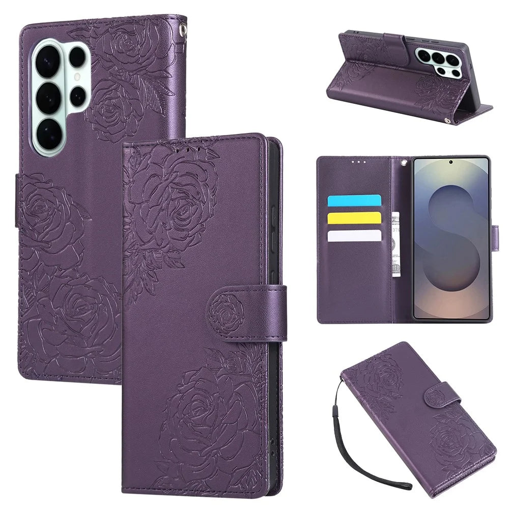 For Samsung Galaxy S26 Ultra Leather Case Rose Flower Wallet Phone Cover with 3 Card Slots  /  Wrist Strap - Dark Purple - 1