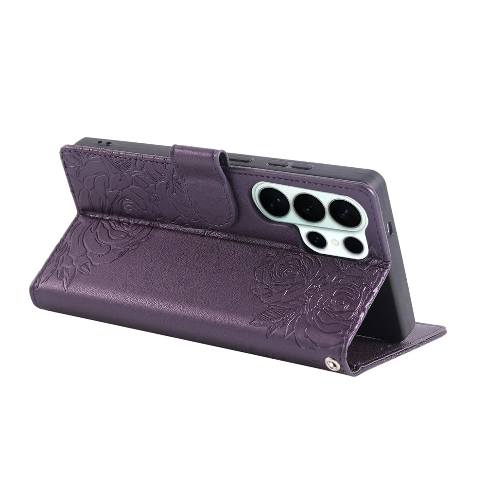 For Samsung Galaxy S26 Ultra Leather Case Rose Flower Wallet Phone Cover with 3 Card Slots  /  Wrist Strap - Dark Purple - 4