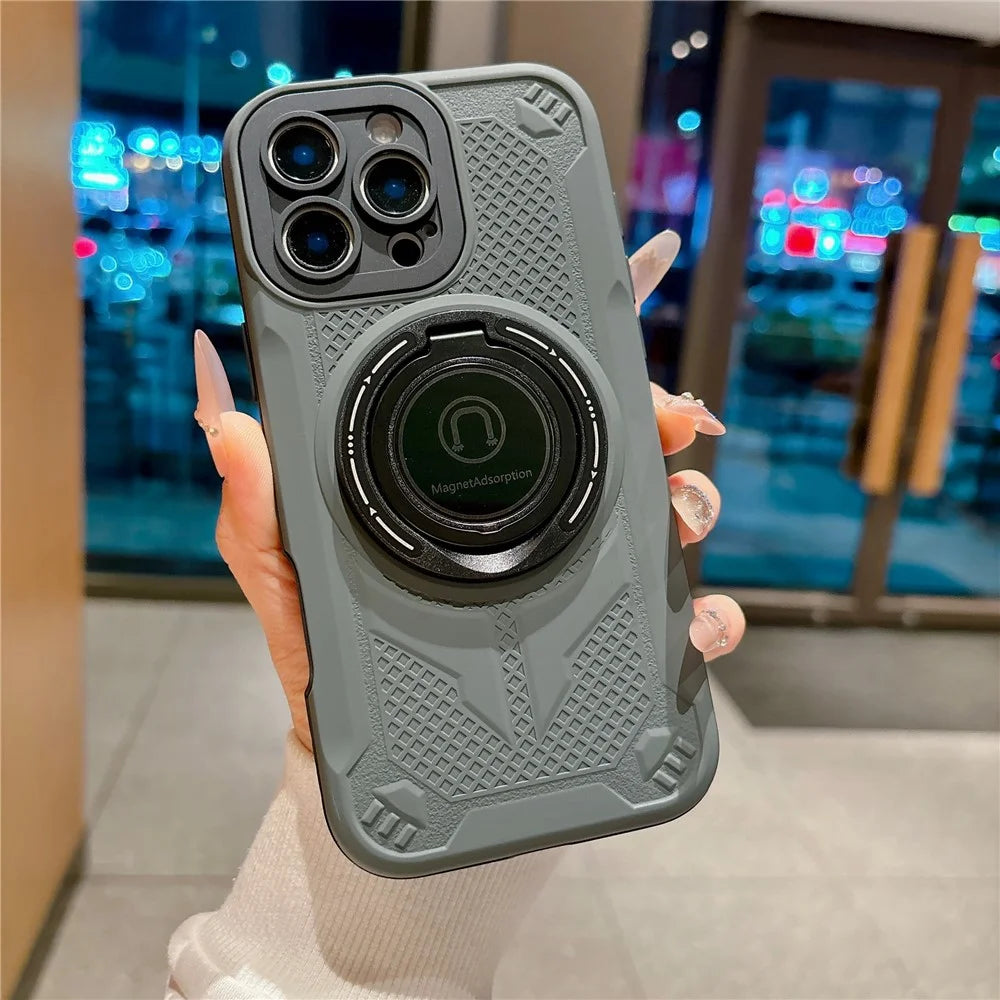 For iPhone 16 Pro Max Magnetic Case 360° Rotating Kickstand PC + TPU Shockproof Phone Back Cover - Grey - 1