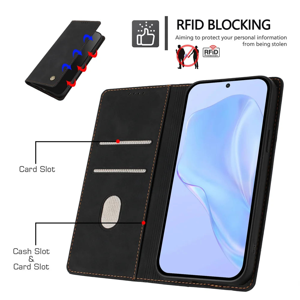 For Samsung Galaxy A37 5G Case HX RFID Blocking Wallet Stand Leather Flip Phone Cover - Black - 5