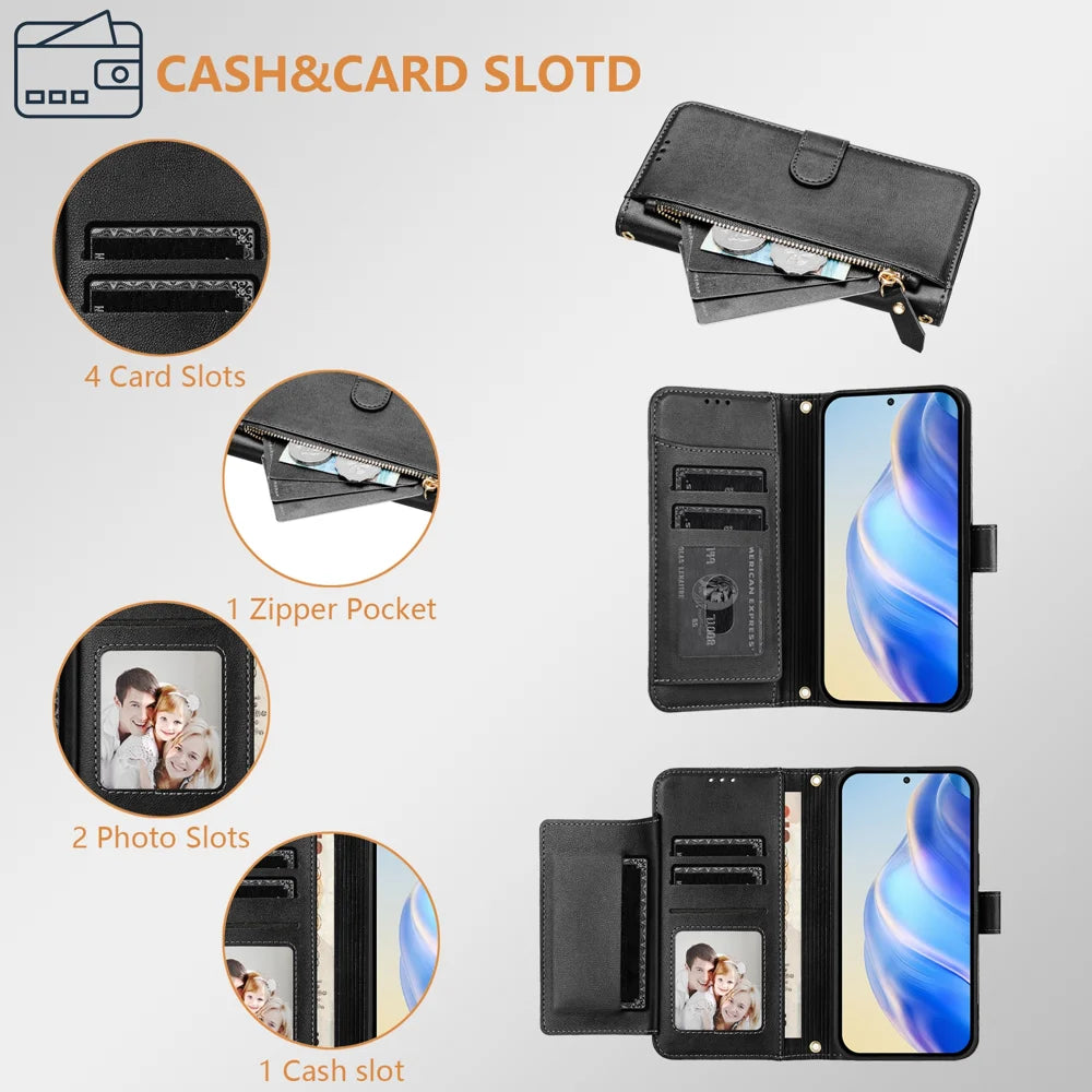 For Samsung Galaxy A57 5G Case Zipper Pocket Multiple Card Slots Leather Phone Cover - Black - 3