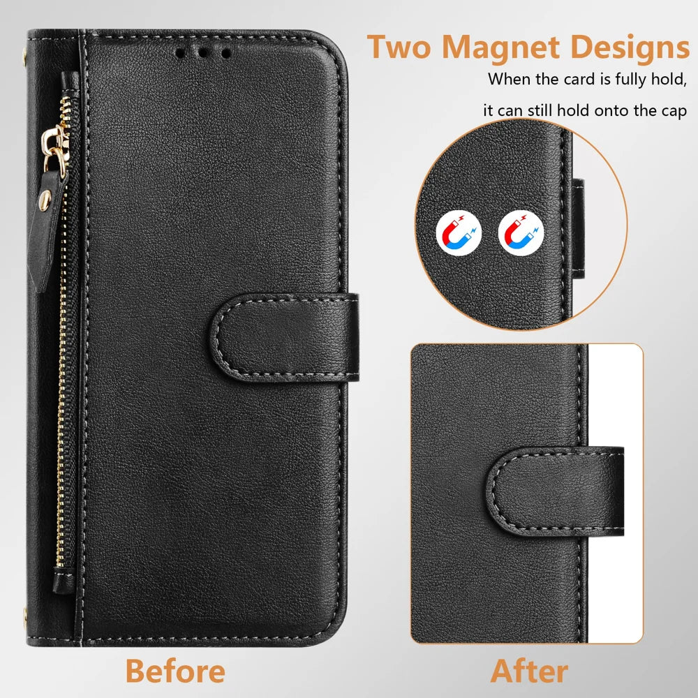 For Samsung Galaxy A57 5G Case Zipper Pocket Multiple Card Slots Leather Phone Cover - Black - 7
