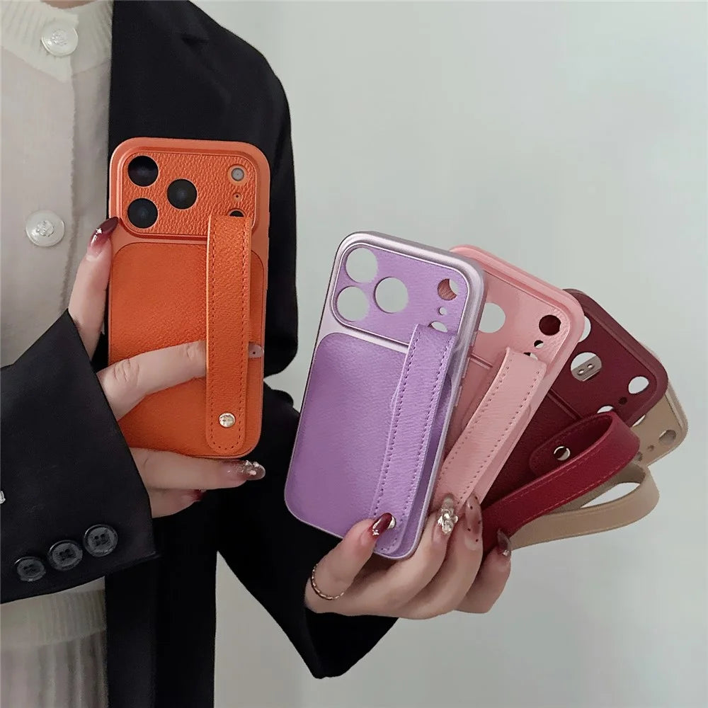 For iPhone 17 Pro Max Case with Wristband Precise Cutouts Textured TPU PU Leather PC Phone Cover - Orange - 3