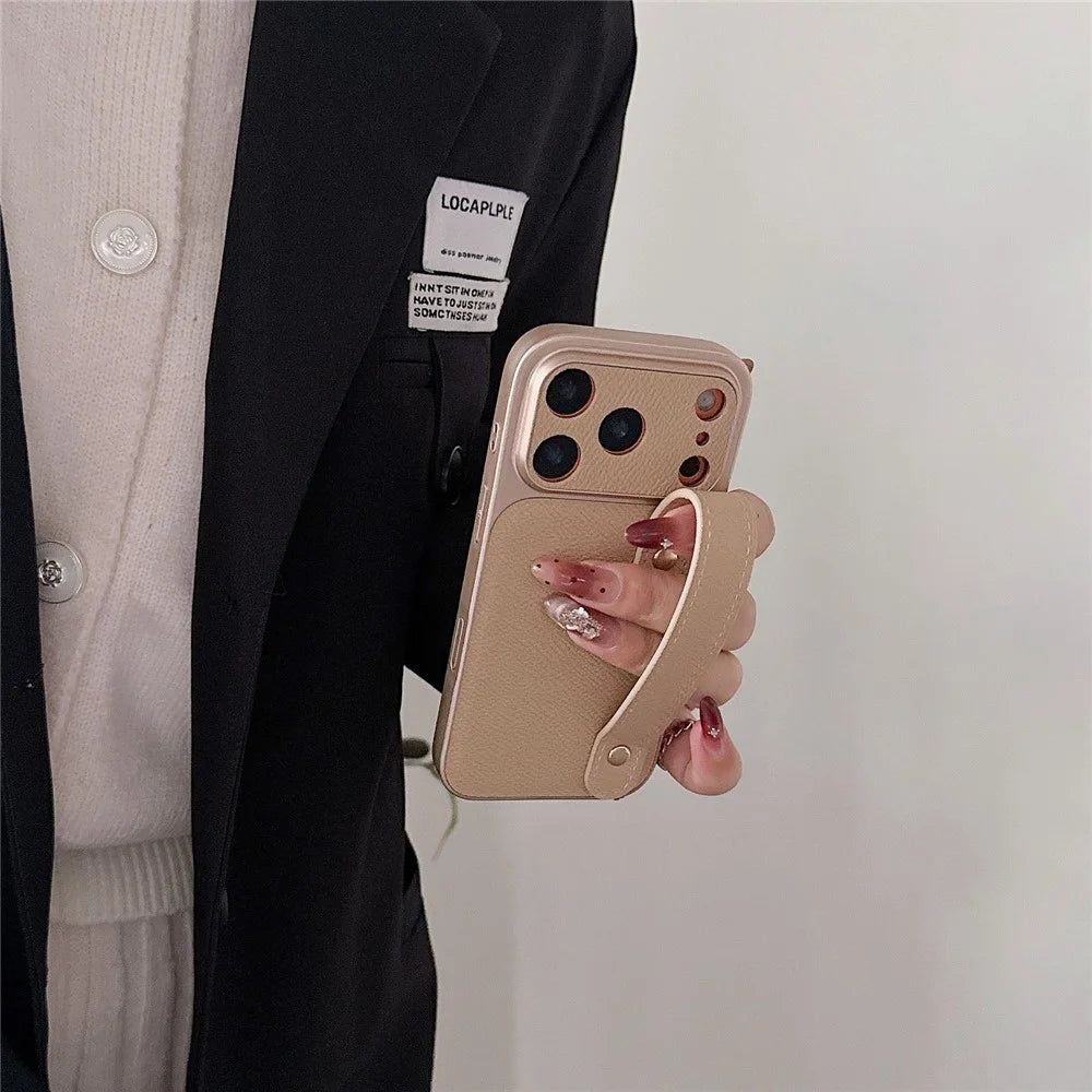 For iPhone 17 Pro Max Case with Wristband Precise Cutouts Textured TPU PU Leather PC Phone Cover - Orange - 4