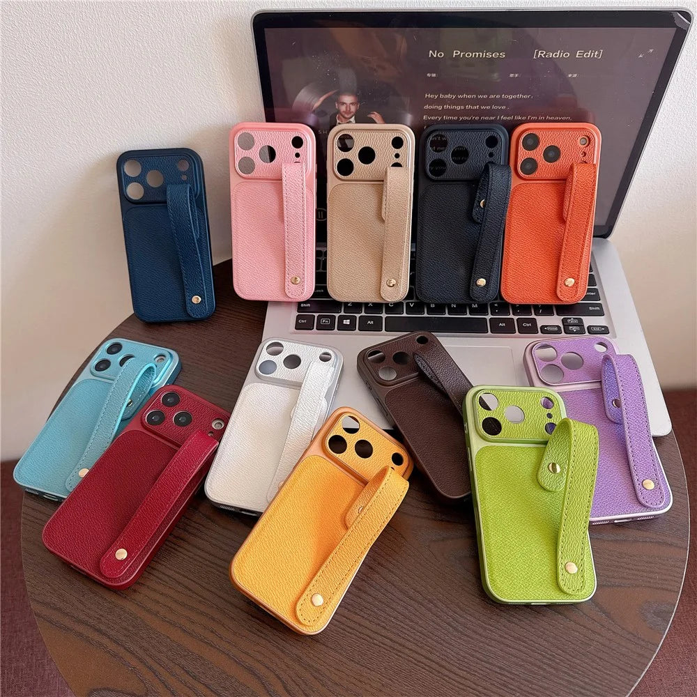 For iPhone 17 Pro Max Case with Wristband Precise Cutouts Textured TPU PU Leather PC Phone Cover - Orange - 5