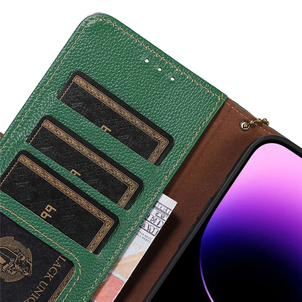 Genuine Leather Case for Samsung Galaxy S23, Full Protection Side Magnetic Closure Phone Case RFID Blocking Wallet Phone Cover with Stand - Green - 5