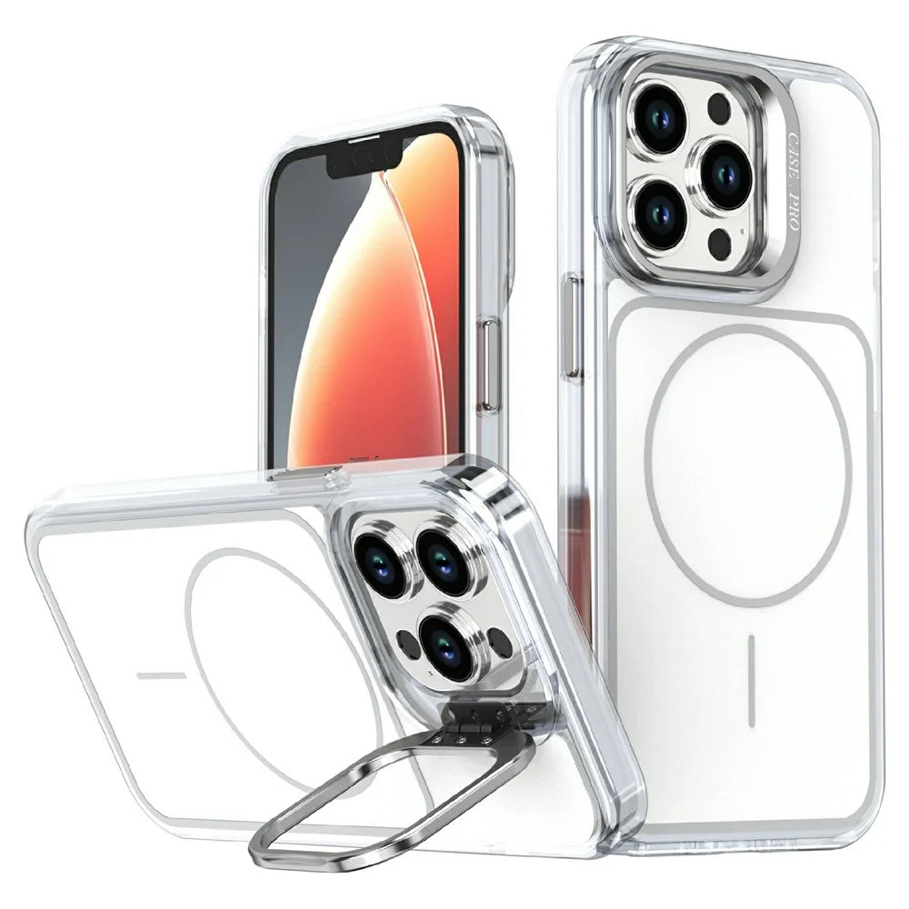For iPhone 13 Pro Magnetic Case Matching Color Lens Kickstand TPU PC Phone Cover Compatible with MagSafe - White - 1