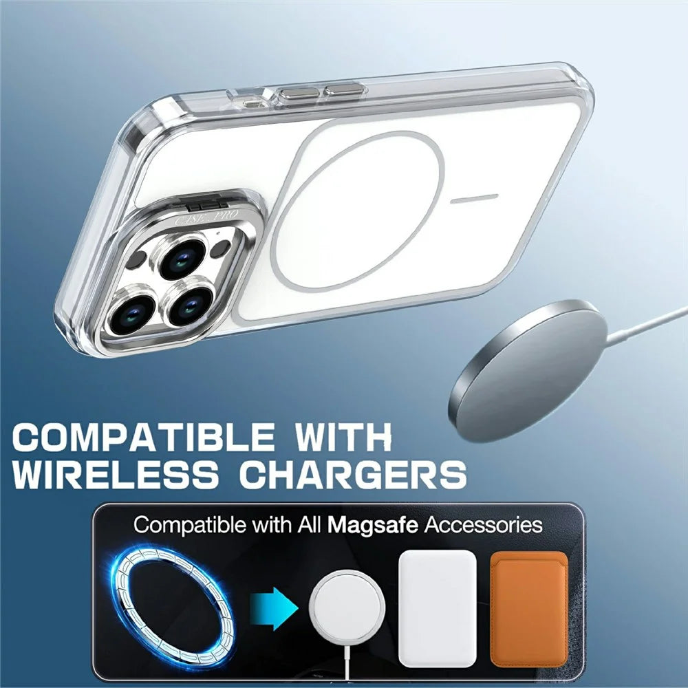 For iPhone 13 Pro Magnetic Case Matching Color Lens Kickstand TPU PC Phone Cover Compatible with MagSafe - White - 4