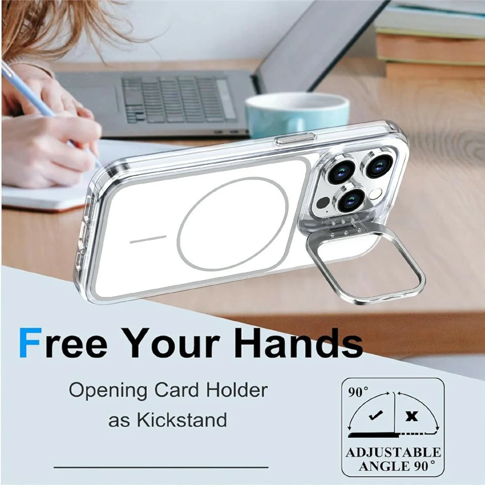 For iPhone 15 Pro Magnetic Case Matching Color Lens Kickstand TPU PC Phone Cover Compatible with MagSafe - White - 2